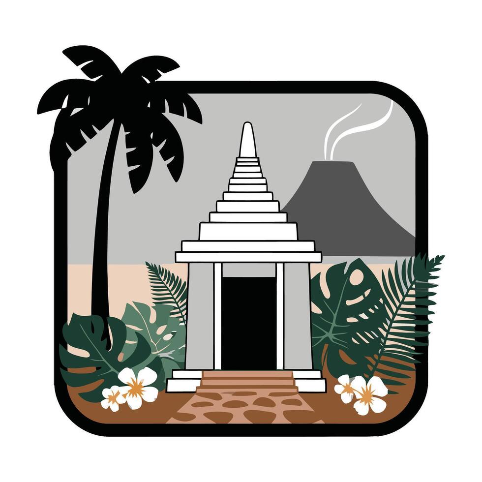a temple with palm trees and a volcano vector