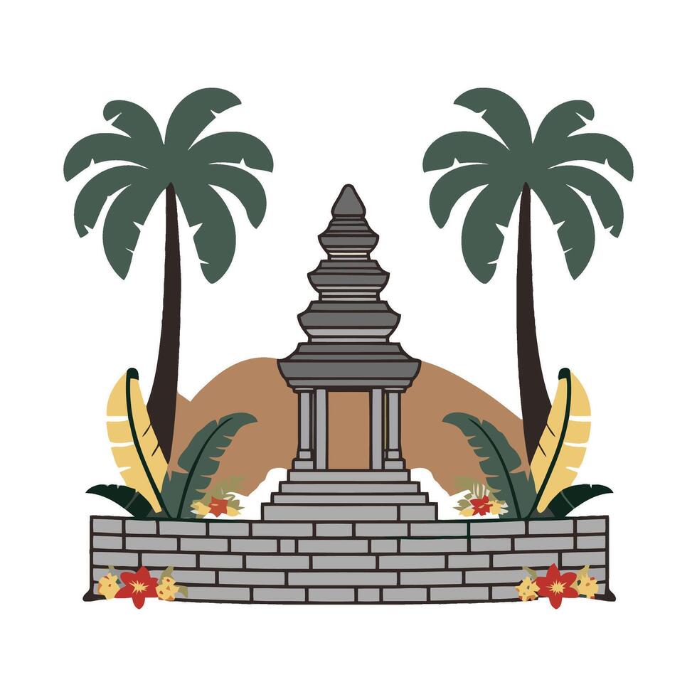 The temple and palm trees are in the background vector