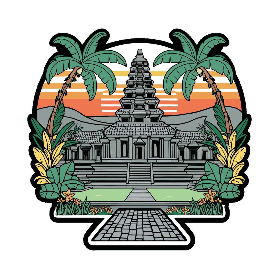 A sticker with a temple and palm trees vector