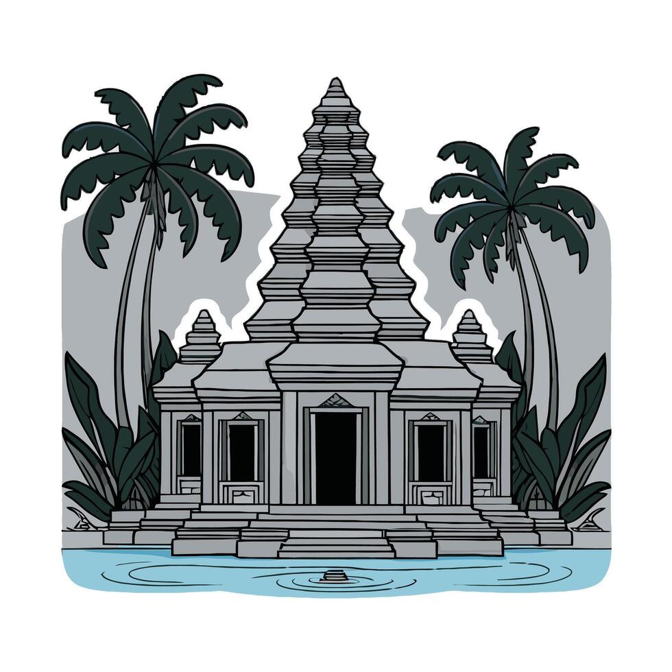 An ancient temple with palm trees and water vector