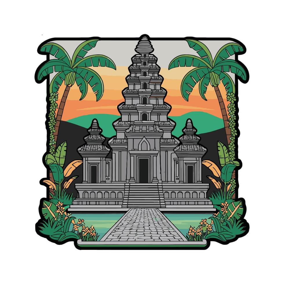A temple with palm trees and a sunset in the background vector