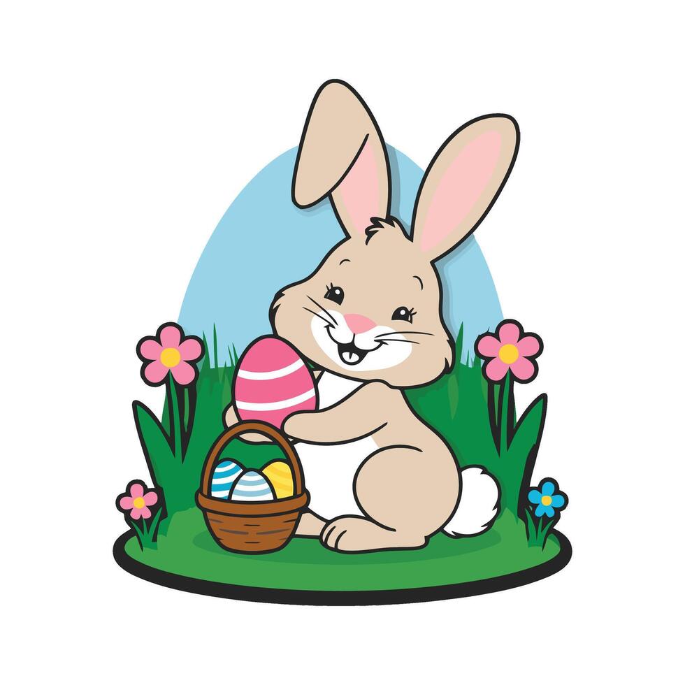Easter bunny with basket of eggs vector
