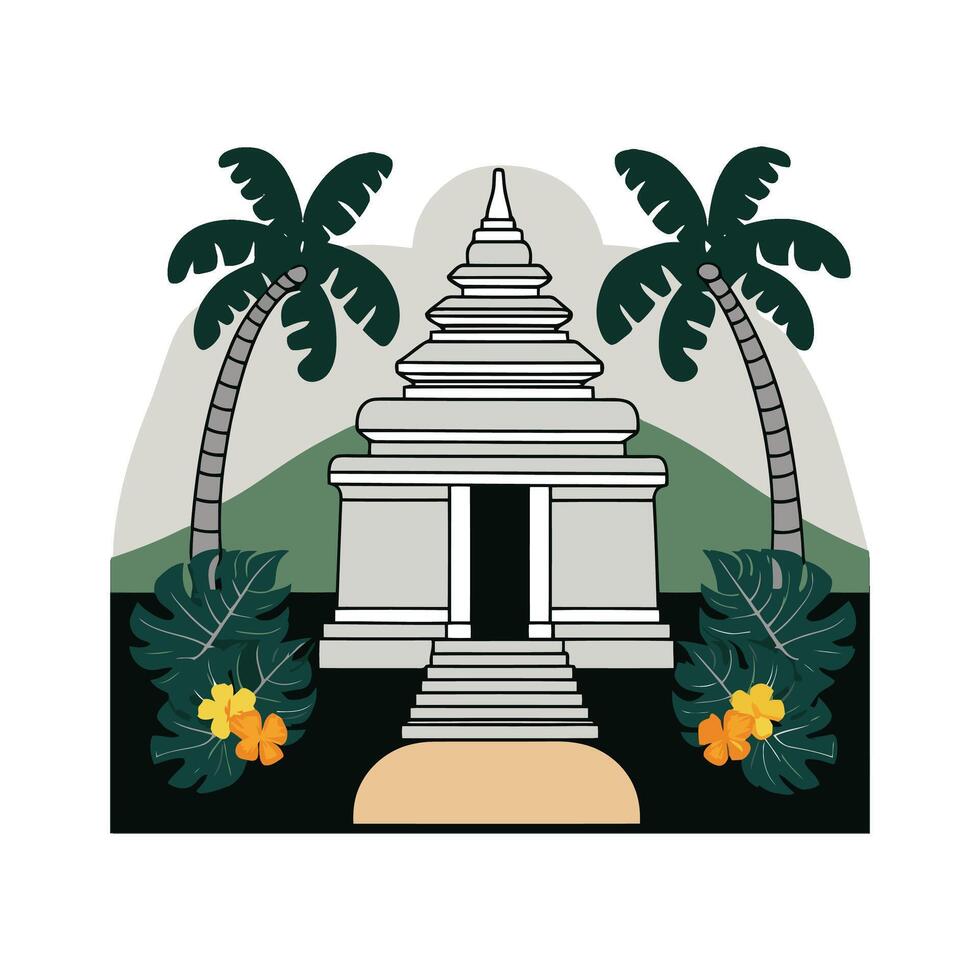 An illustration of a temple with palm trees and flowers vector