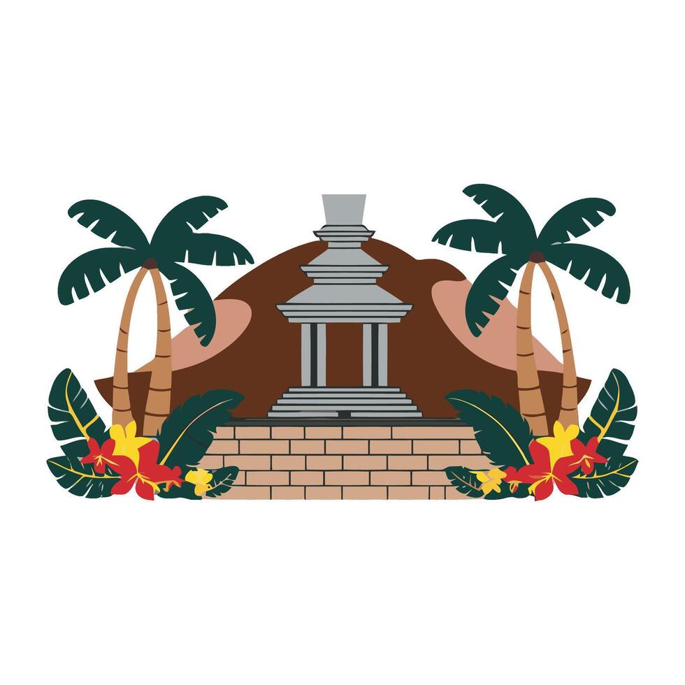 The flag of bali island with palm trees and a temple vector