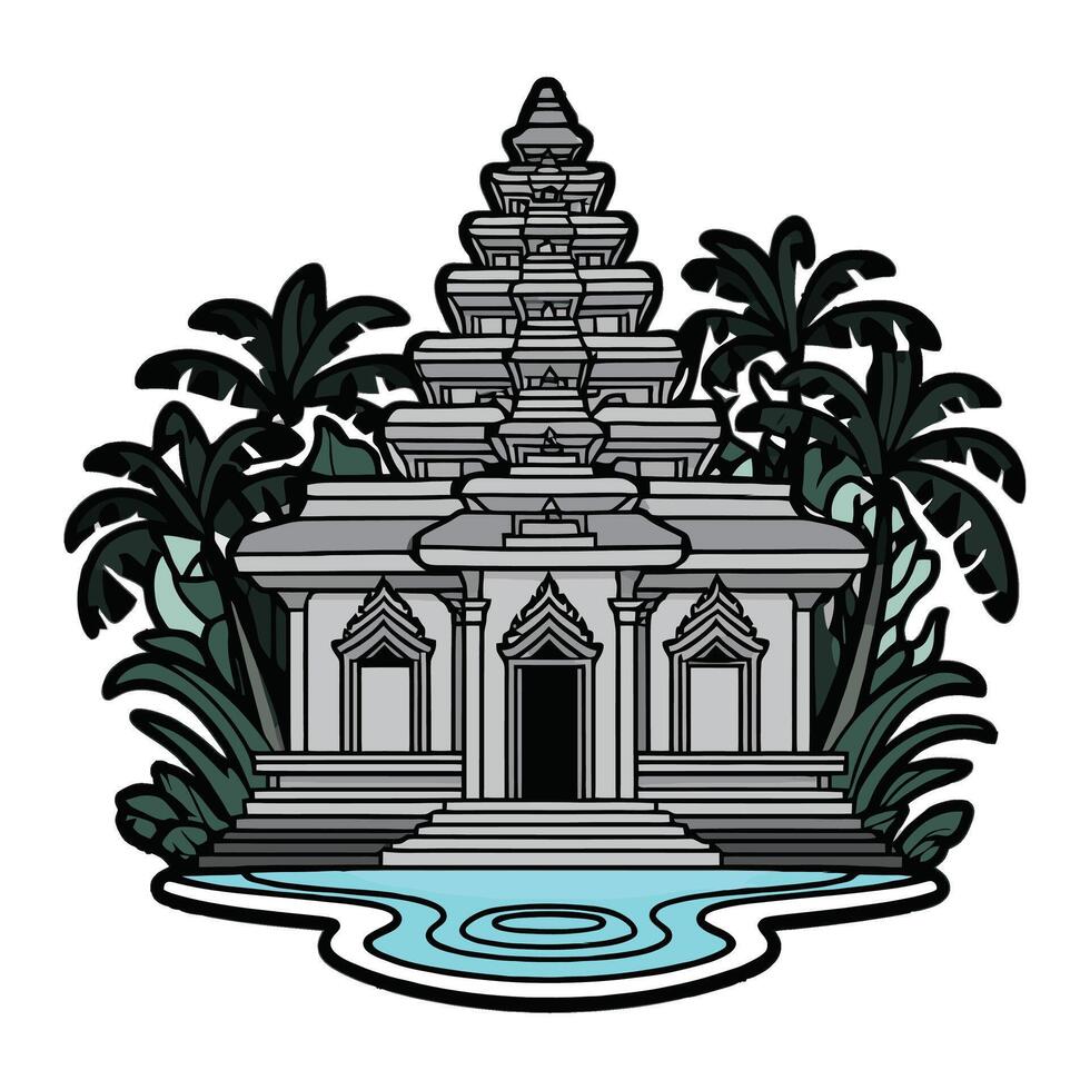 An ancient temple with water and palm trees vector