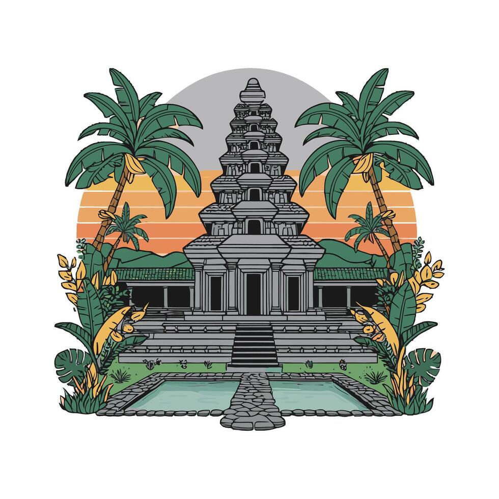 a temple with palm trees and water vector