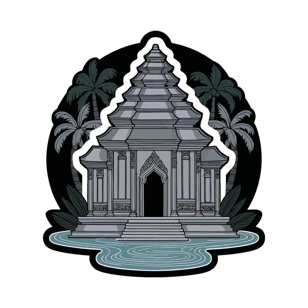 A sticker with a temple and palm trees vector