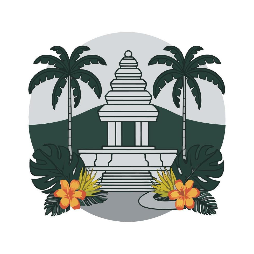 A temple with palm trees and flowers in front of it vector