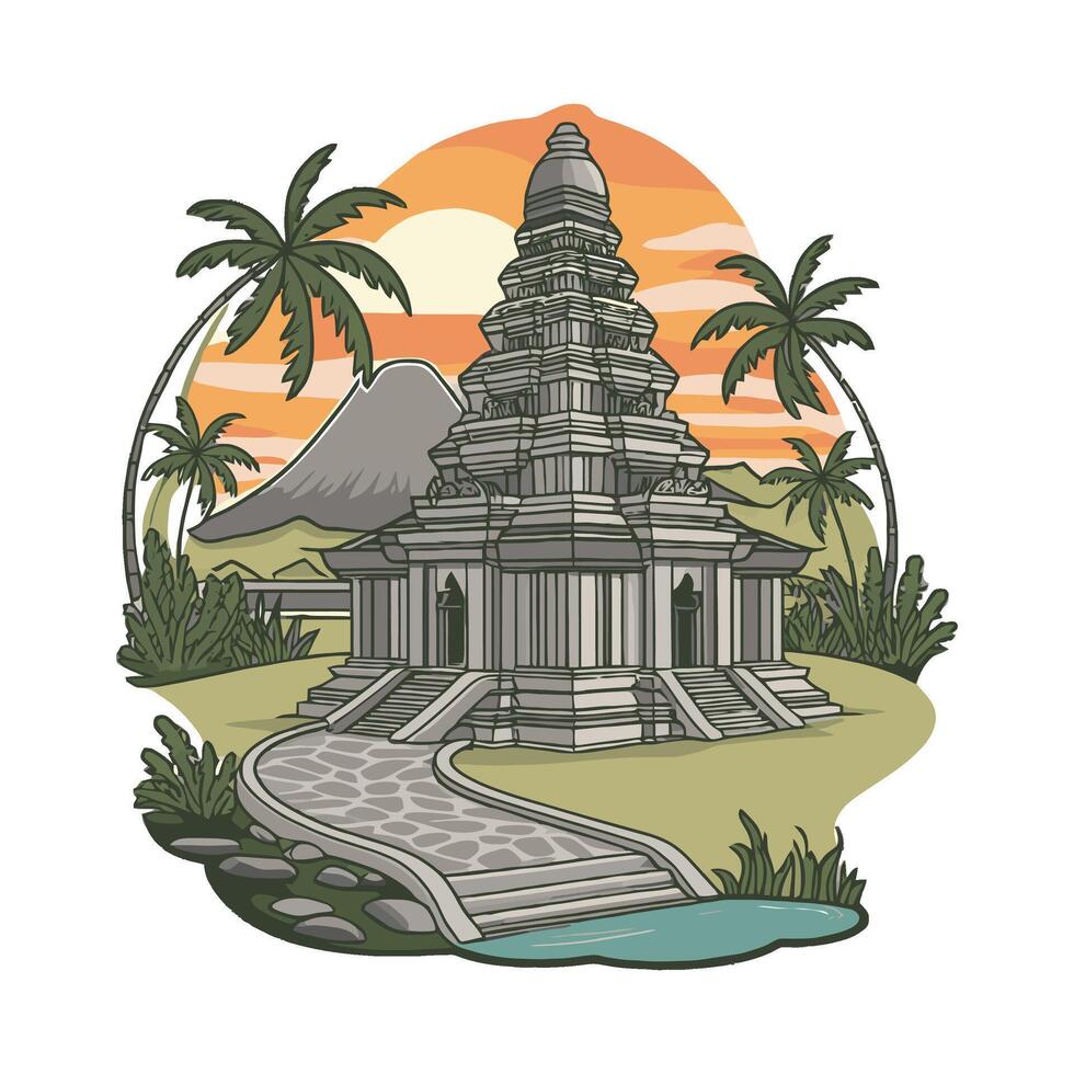 a temple with palm trees and mountains vector