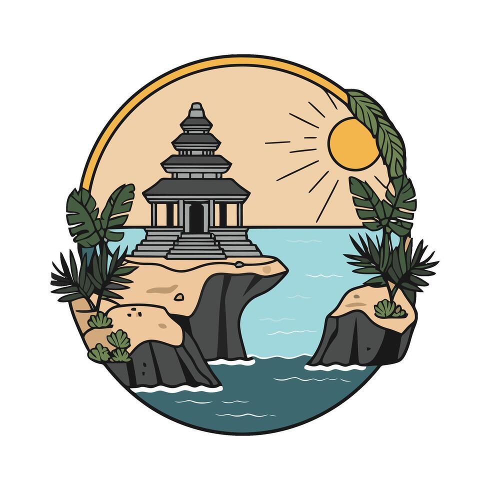 An island with a temple and palm trees vector