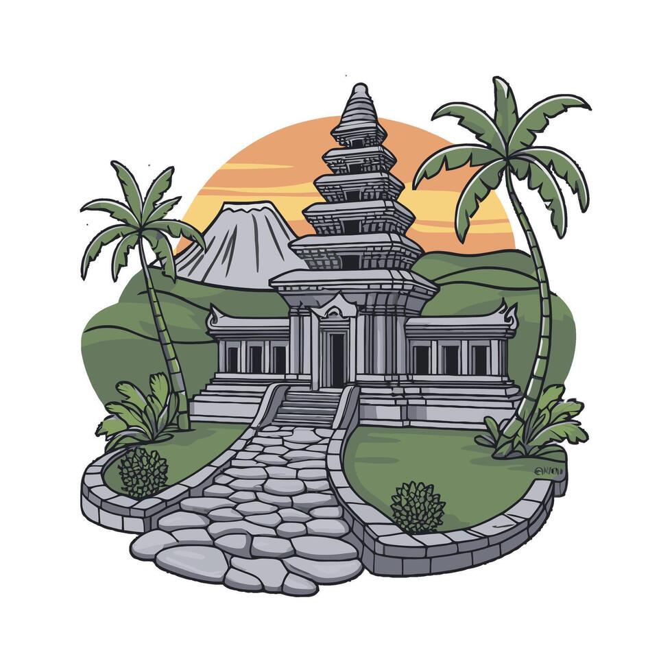 A temple with palm trees and a mountain in the background vector