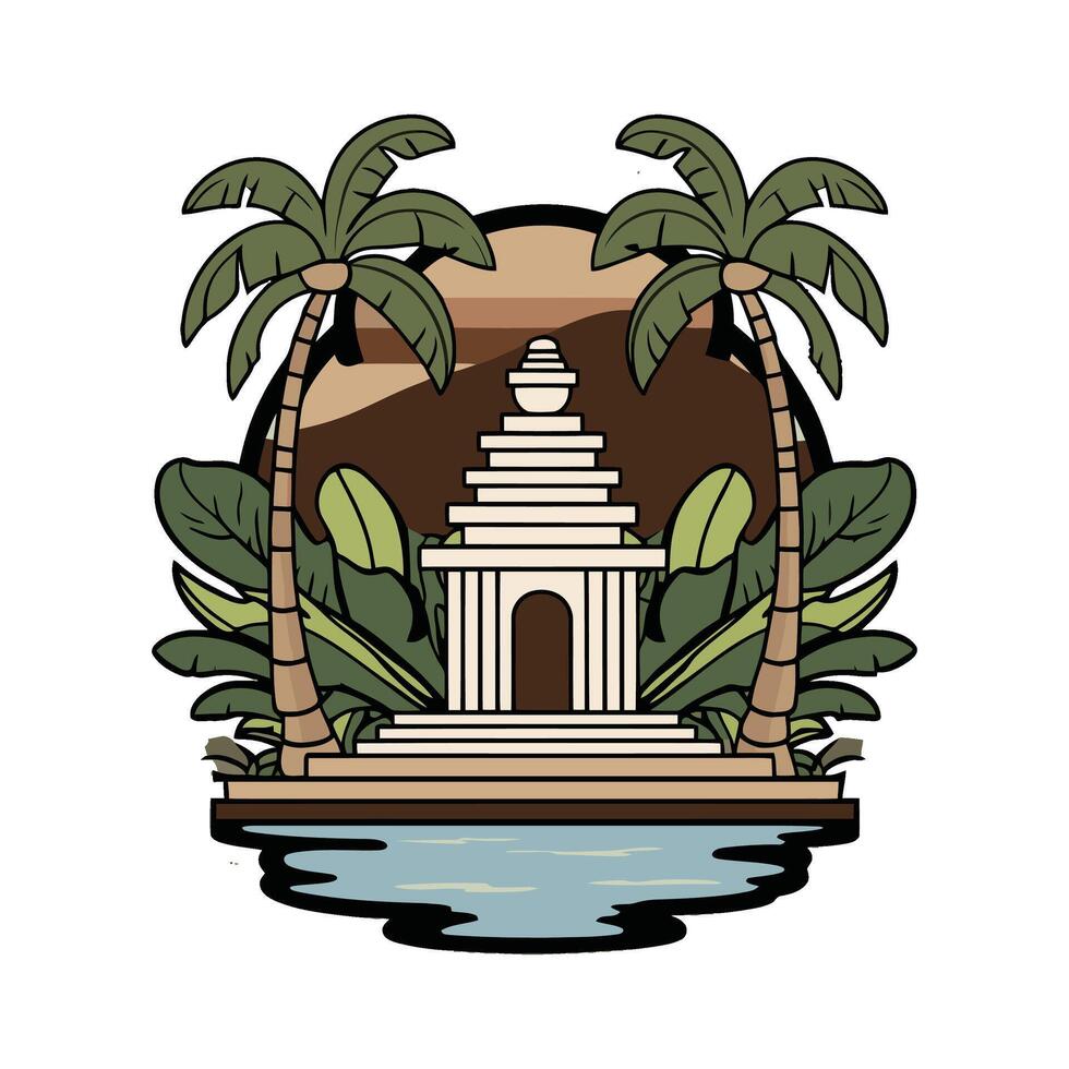 An image of a temple with palm trees and water vector