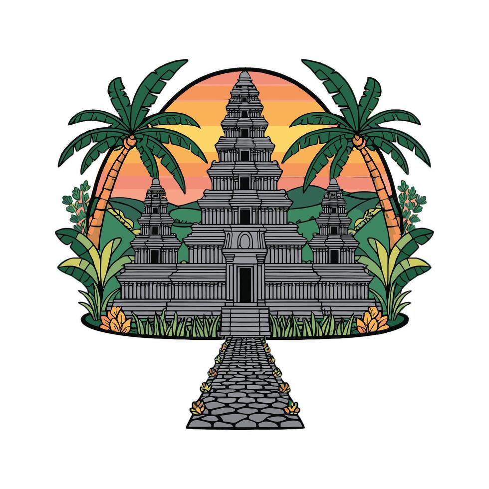 An image of a temple with palm trees and a sunset vector