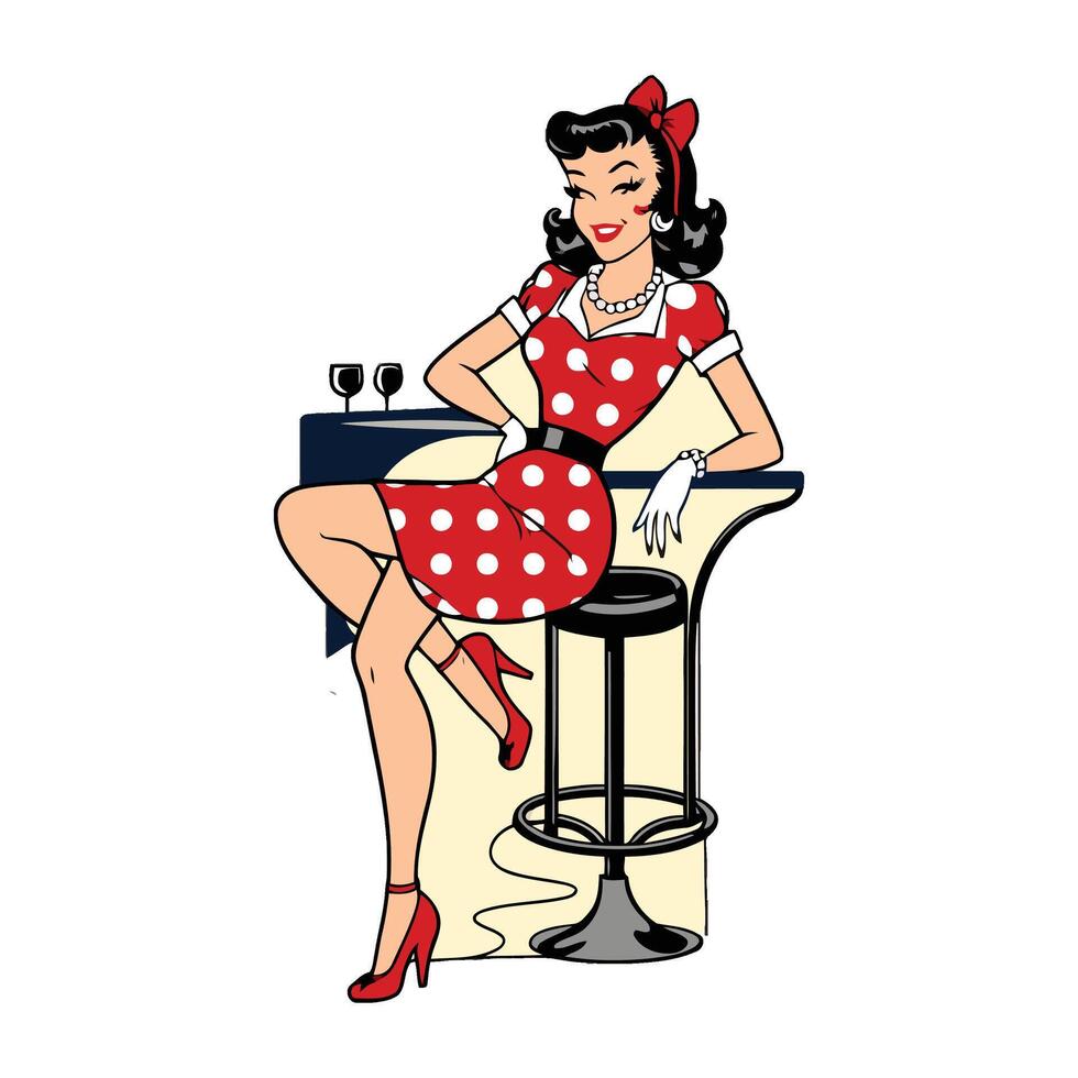 A woman in a polka dot dress sitting on a stool vector