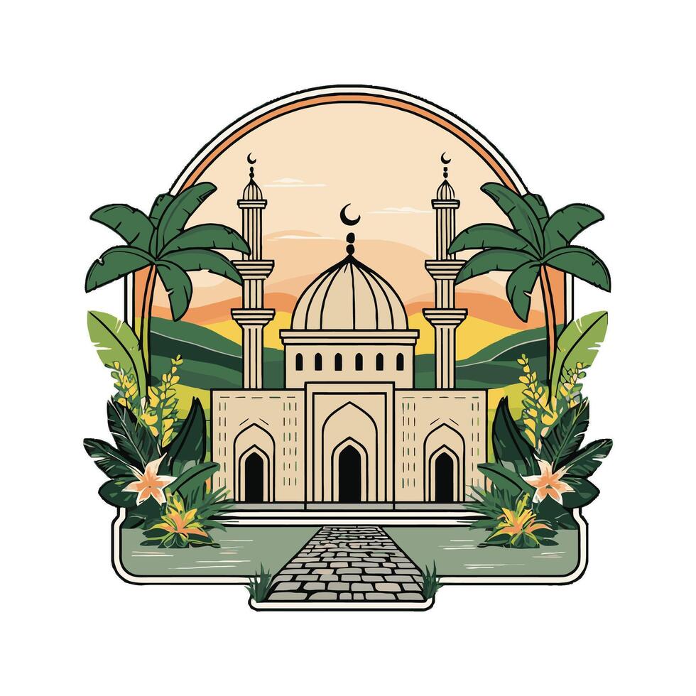 Islamic mosque with palm trees and sunset illustration vector