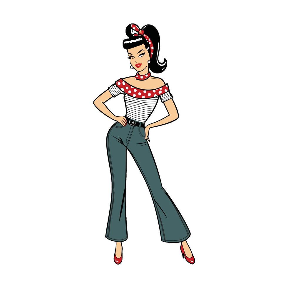 A cartoon woman in a polka dot top and jeans vector