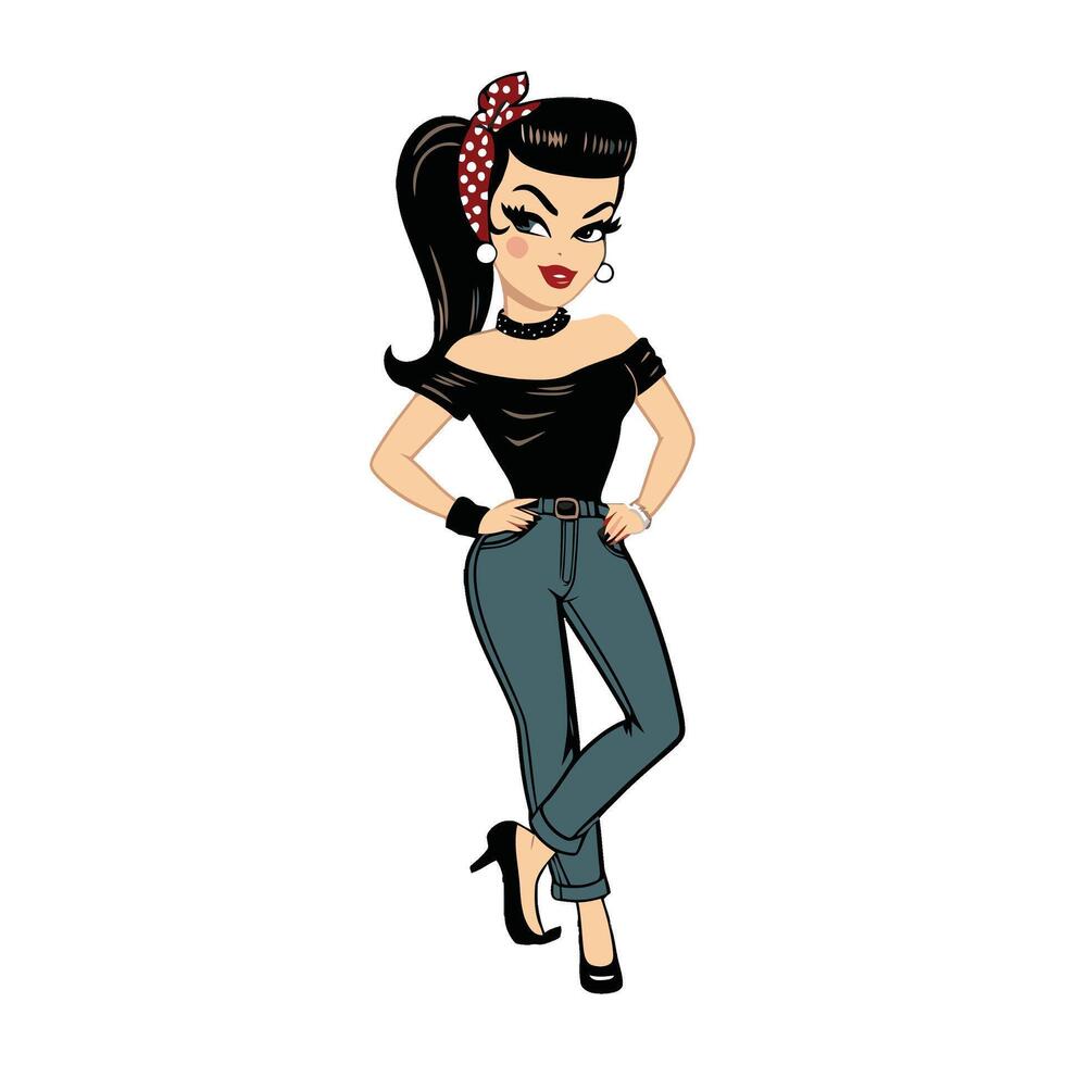 A cartoon woman in jeans and a black top vector