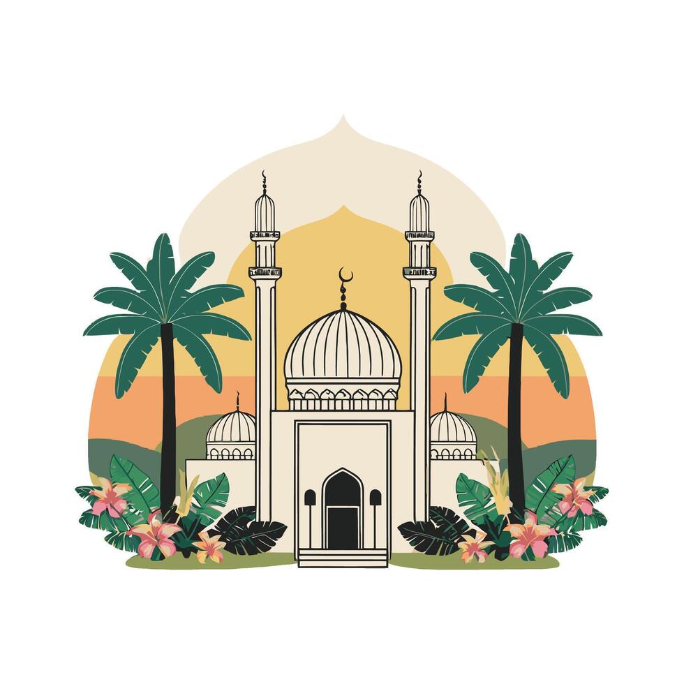 Islamic mosque with palm trees and flowers vector