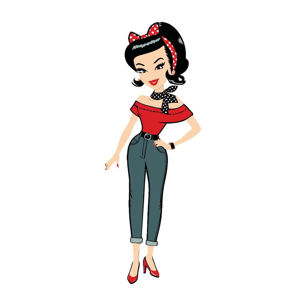 A cartoon pin up girl in jeans and a red top vector