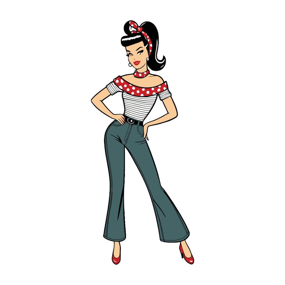 A cartoon woman in a polka dot top and jeans vector