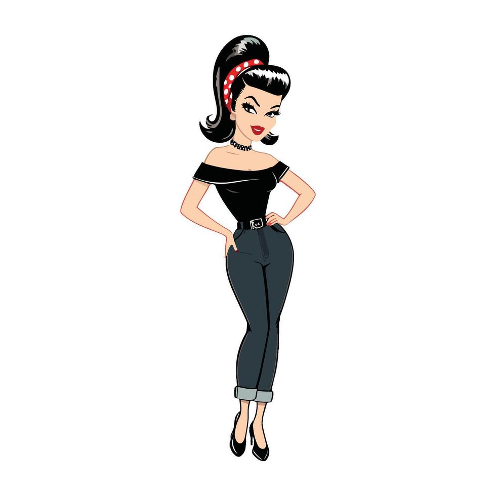 A cartoon woman in jeans and a black top vector