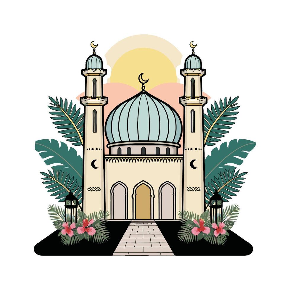 Islamic mosque with palm trees and sun vector