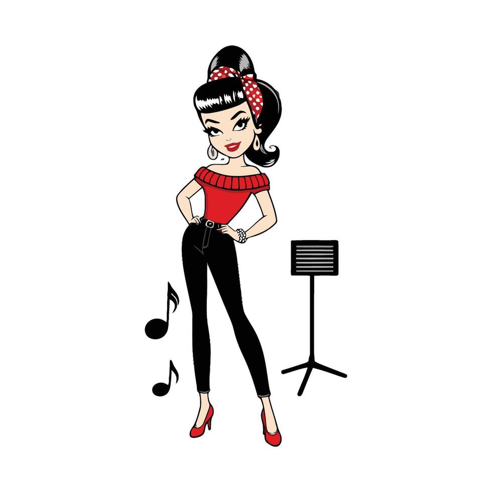 A cartoon girl with a red top and black pants vector