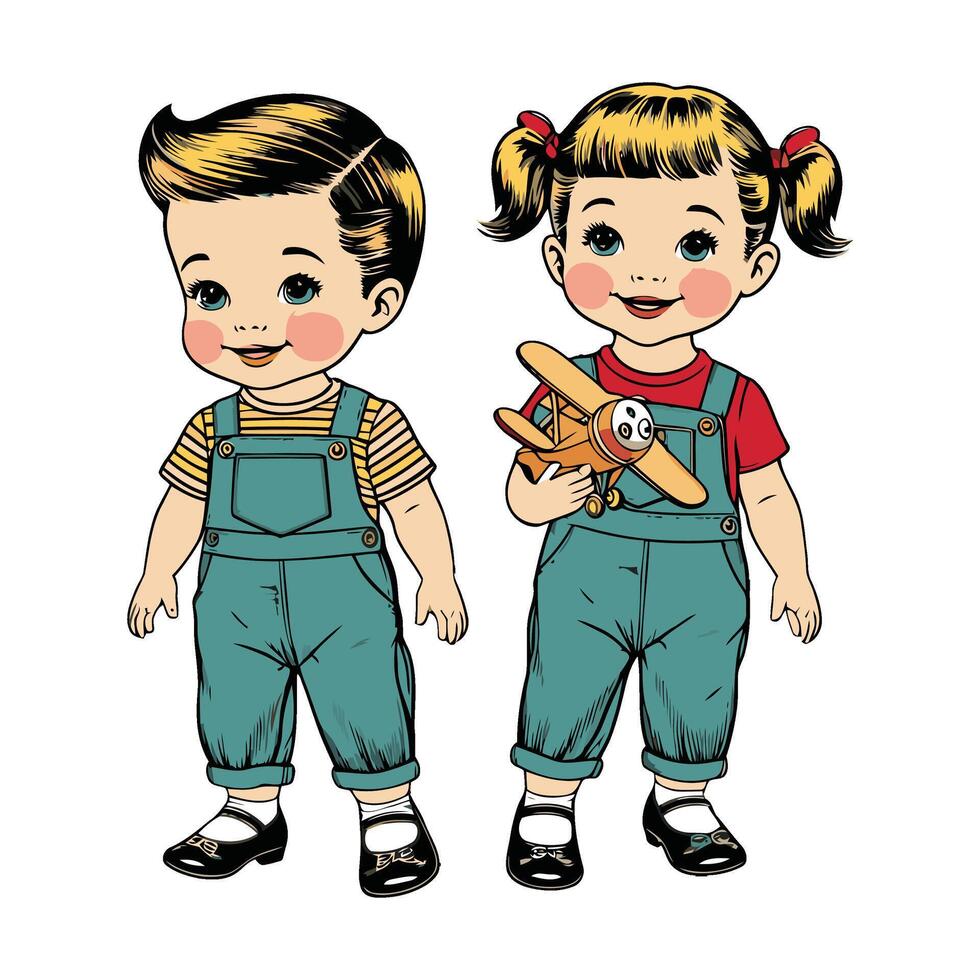Two children in overalls holding a toy airplane vector