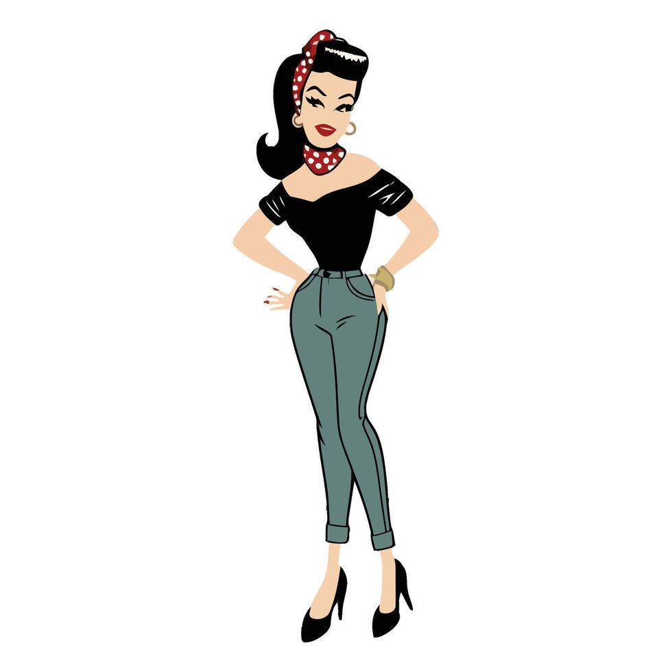 A cartoon pin up girl in a black top and green pants vector