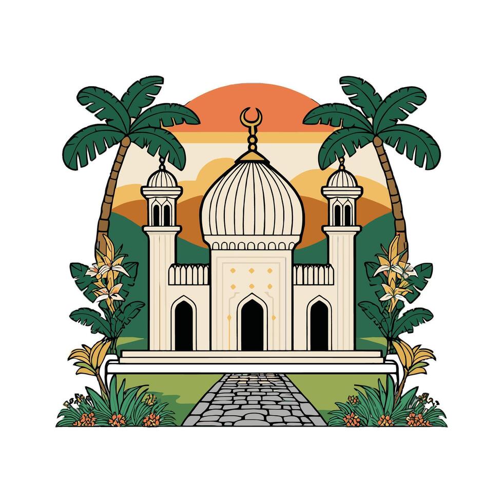 An illustration of a mosque with palm trees and a sunset vector