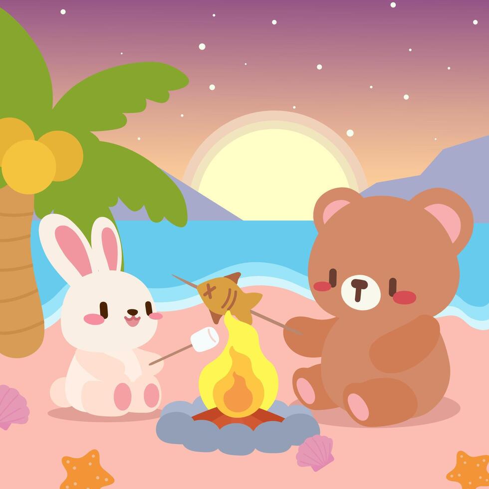 A kawaii illustration of a cute bear and bunny enjoying a cozy campfire on a tropical beach during sunset. Beachside campfire with bunny and bear at sunset. vector
