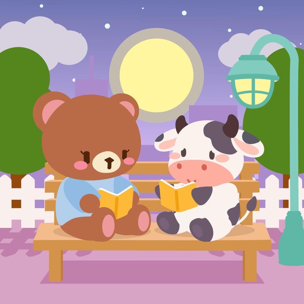 Cute bear and cow reading together under the moonlight. Kawaii animals enjoying a peaceful night with books. vector