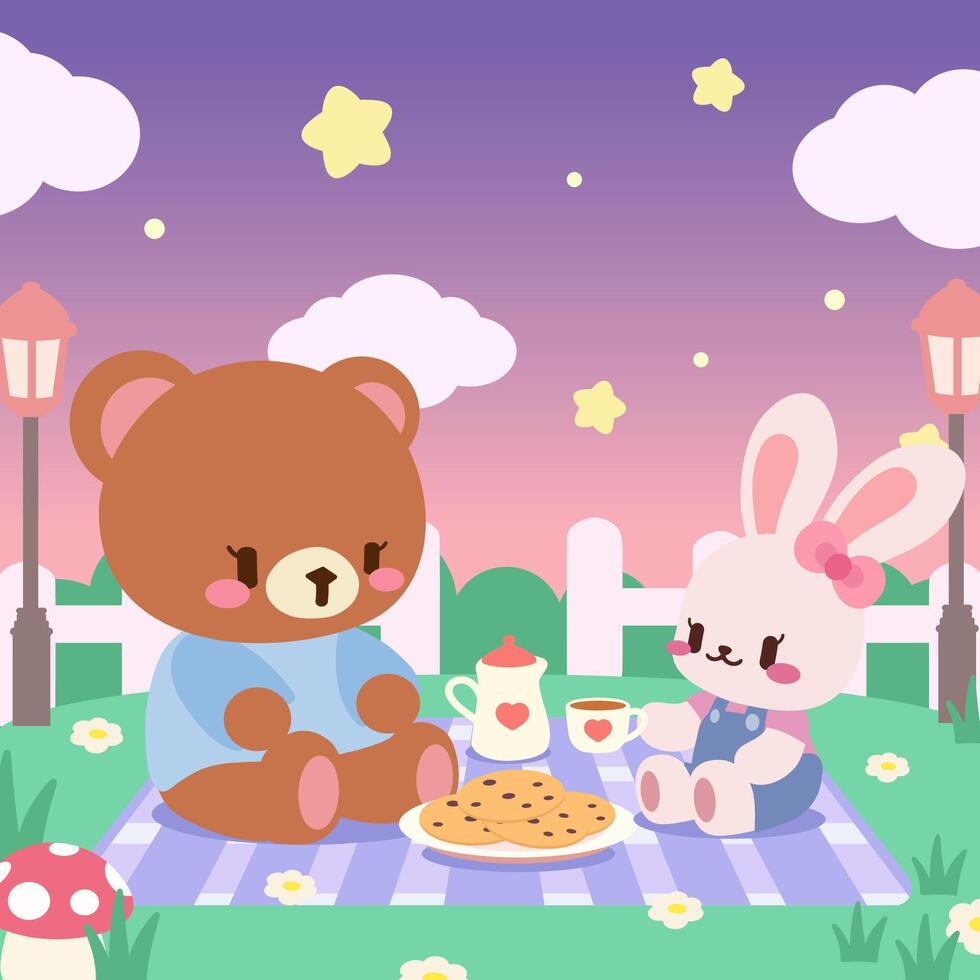 Evening picnic with bear and bunny under a starry sky. Adorable bear and bunny enjoying a peaceful evening picnic under a twilight sky filled with stars. vector
