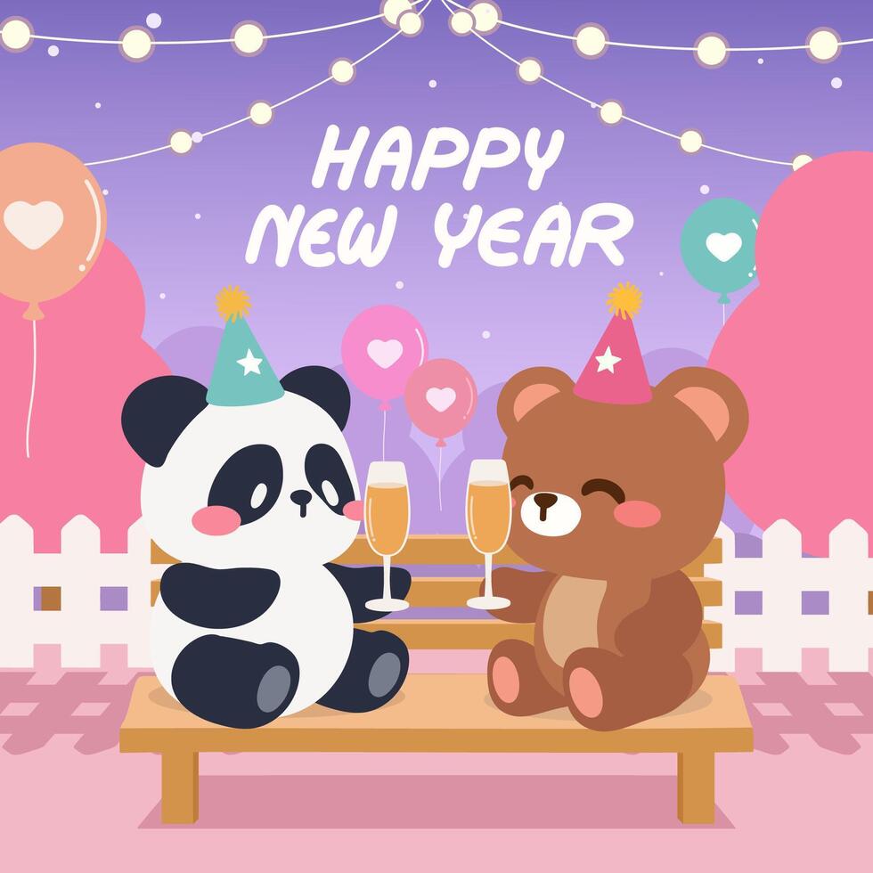 Kawaii Panda and Bear Celebrating New Year with Balloons and Lights. Happy New Year Illustration with Cute Animal Friends. Adorable New Year Party Scene Featuring a Panda and Bear. vector