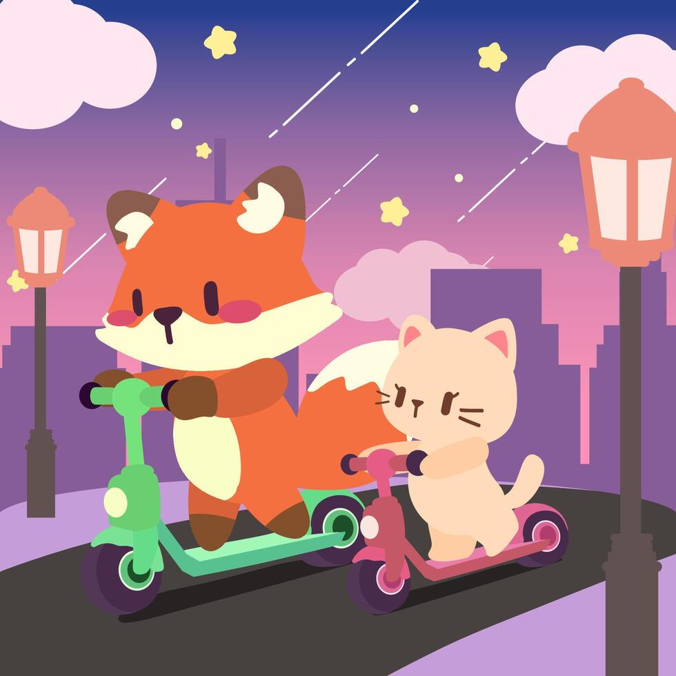 Kawaii fox and cat riding scooters at twilight. Adorable nighttime scooter ride with cute animals. vector