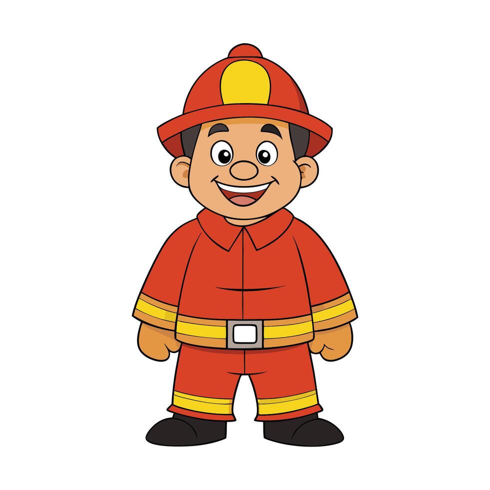 A Happy Cartoon Firefighter Character with a Red Uniform and Helmet Smiling on a White Background vector