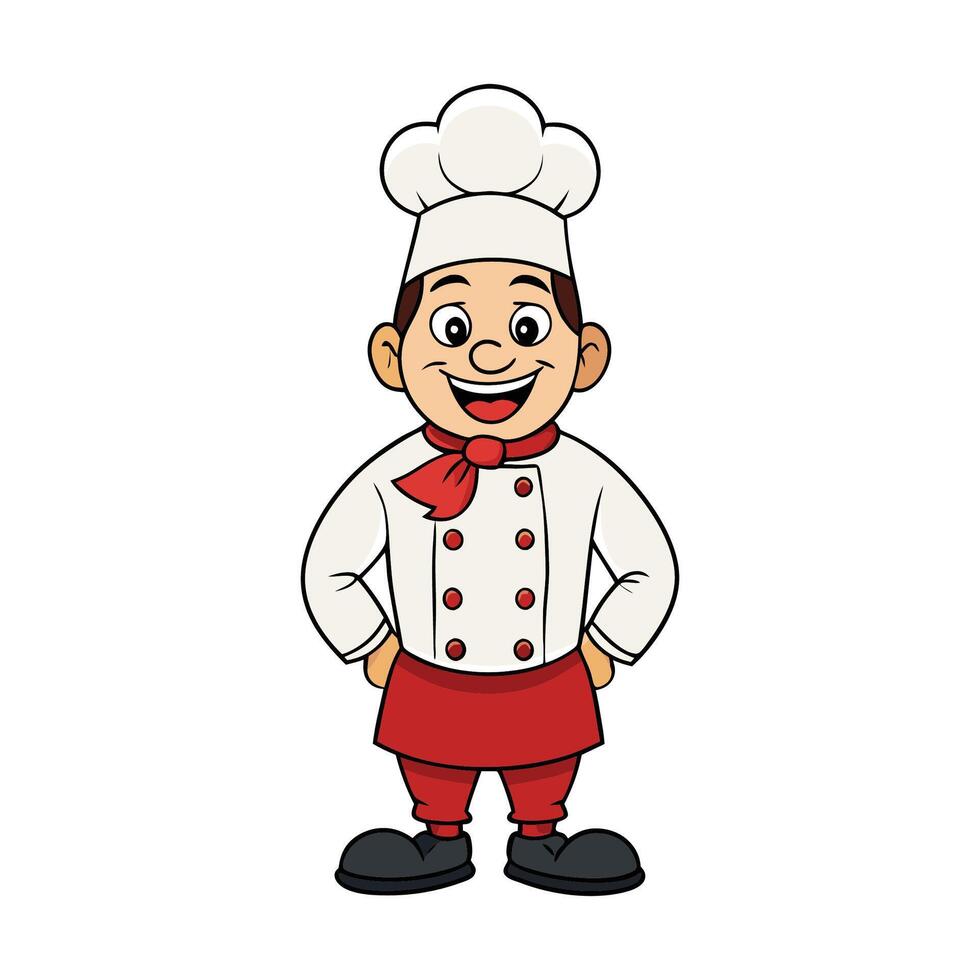 Smiling Cartoon Chef Standing Confidently in White and Red Uniform vector