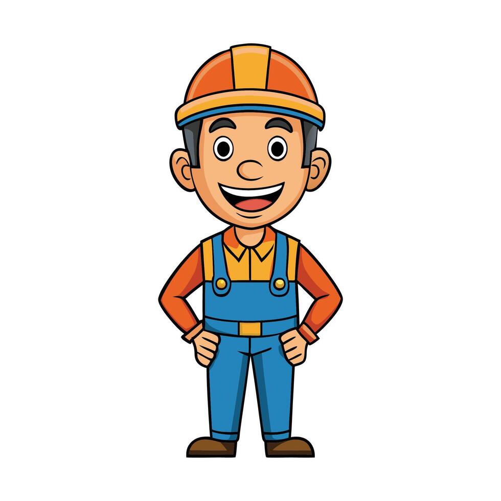 Cheerful Cartoon Construction Worker Engineer Mascot with Hard Hat vector