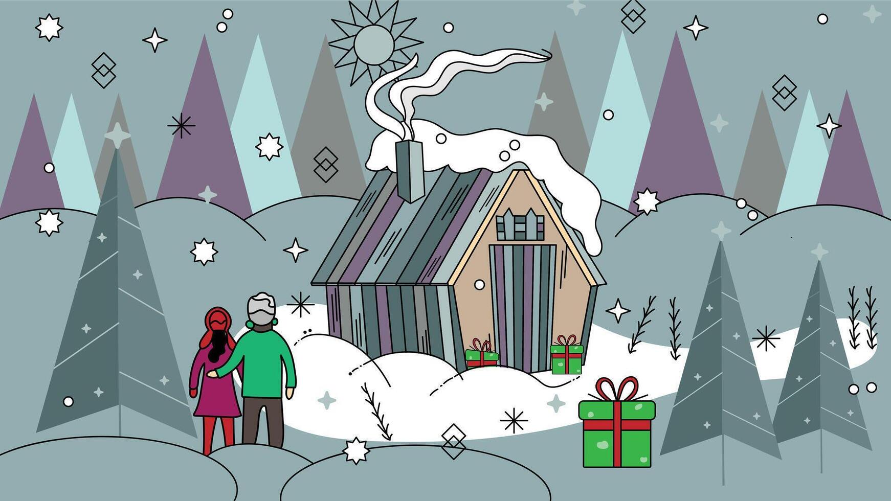 Christmas background concept with family or couple together, winter wooden hut with smoke, pine trees, snow and decoration. Beautiful winter holiday landscape illustration. vector