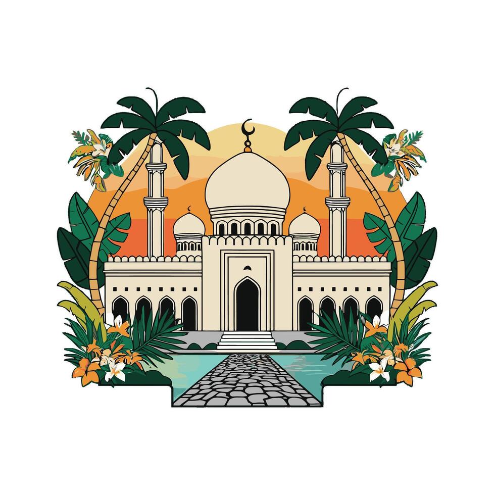 Islamic mosque with palm trees and flowers vector