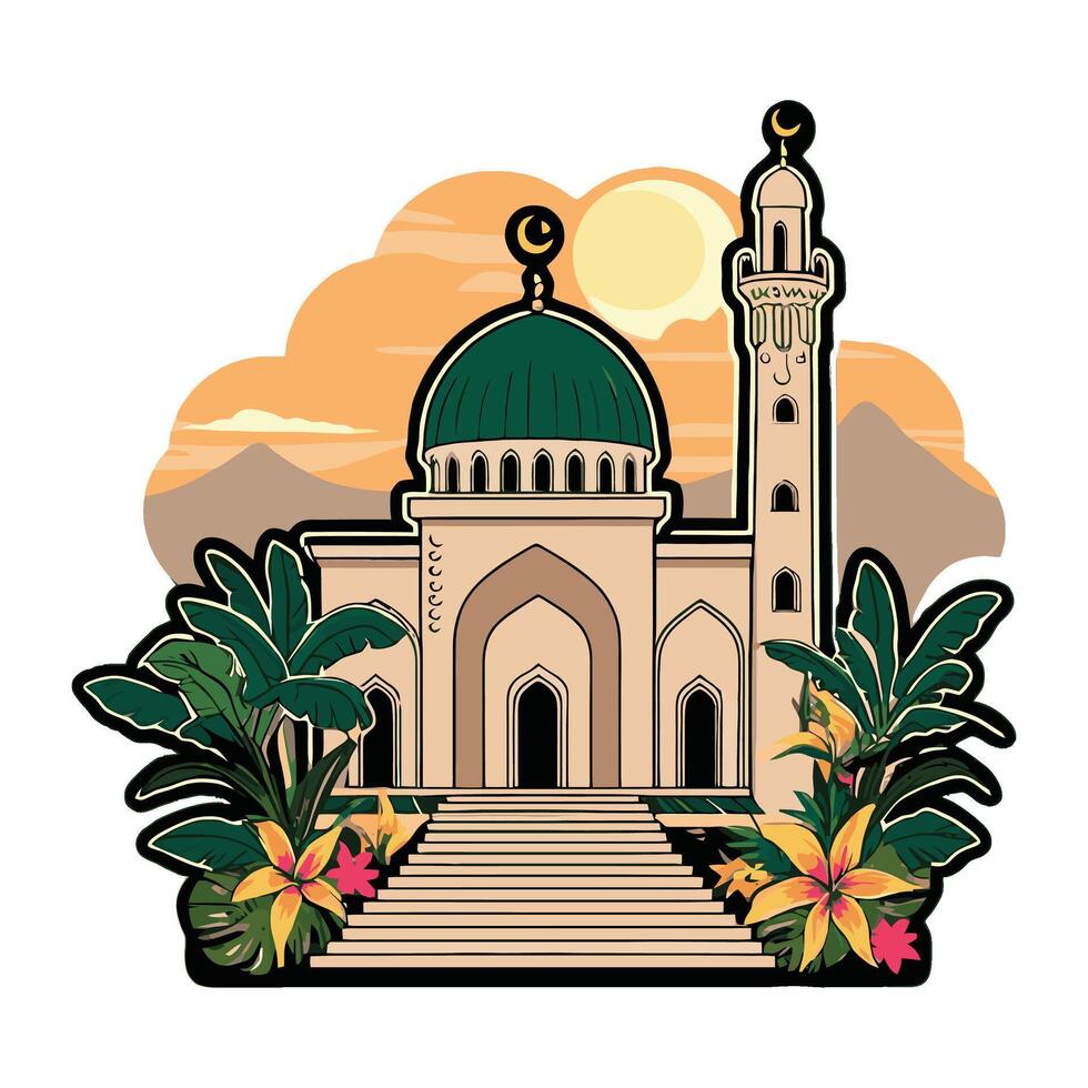 Islamic mosque with green dome and palm trees vector