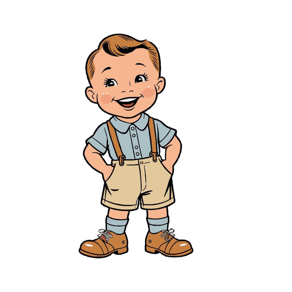 Cartoon boy in overalls standing with his hands on his hips vector