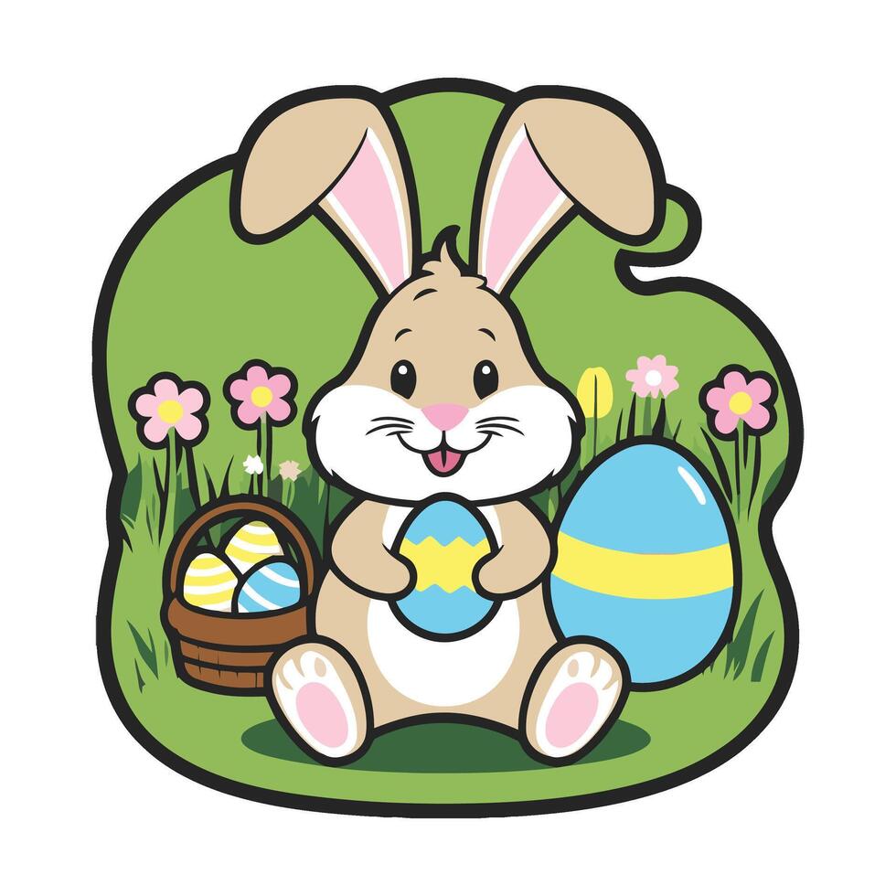 Easter bunny with basket of eggs and flowers vector
