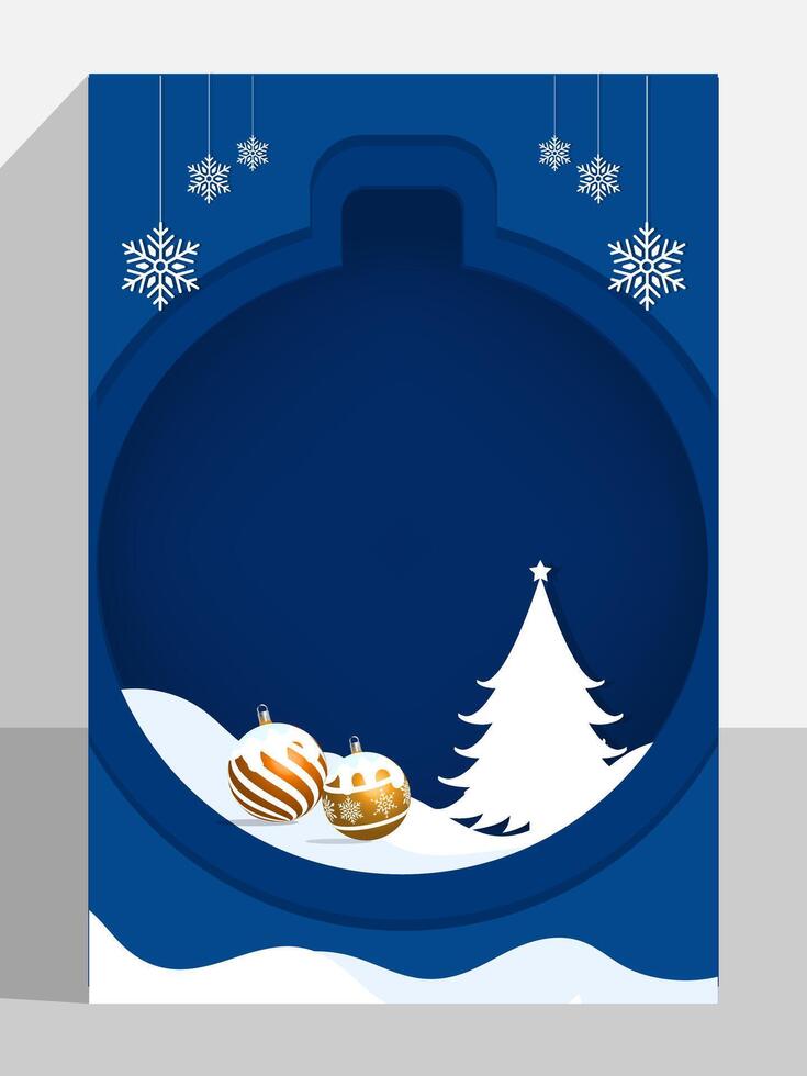Christmas greeting card poster on blue and white color with snow and xmas pine tree elements vector