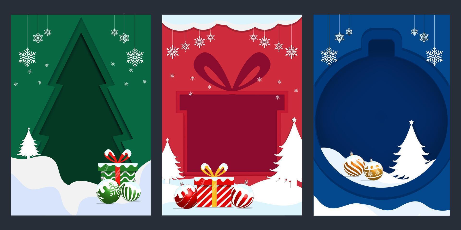 Christmas greeting card poster set. Merry christmas and happy new year greeting poster with copy space. vector