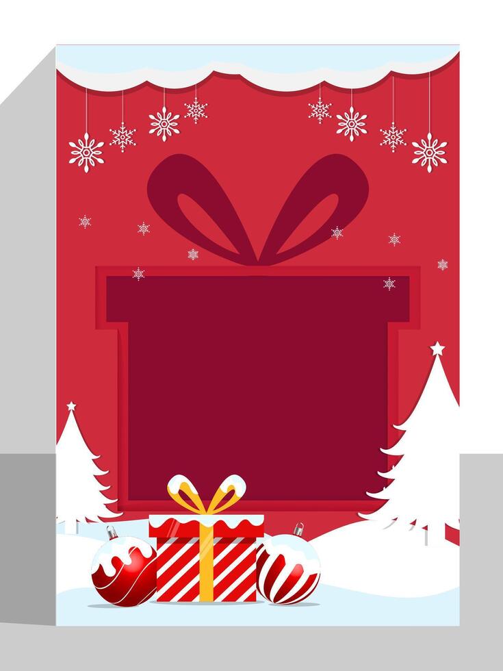 Christmas card poster with snow gift box and xmas pine tree elements on red color vector