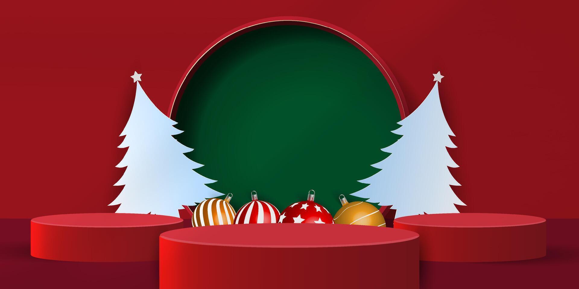Red Christmas backgrpund with green circle, trees, balls, and podium for product. vector