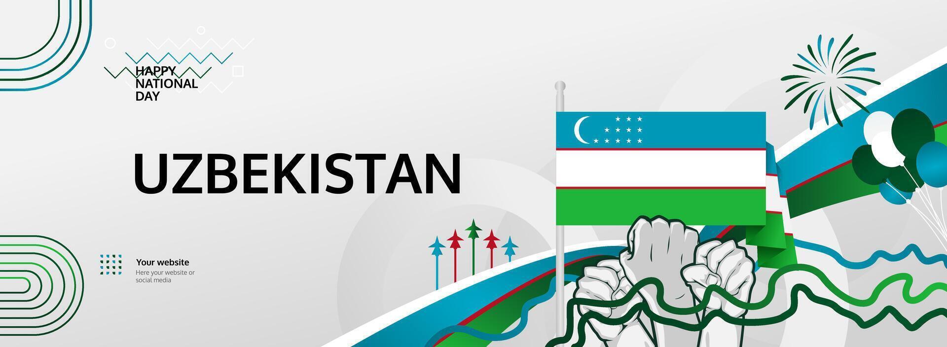 Symbol of victory and pride. Design a charming Uzbekistan Independence Day banner for September 1st featuring flag and fist in perfect harmony. vector
