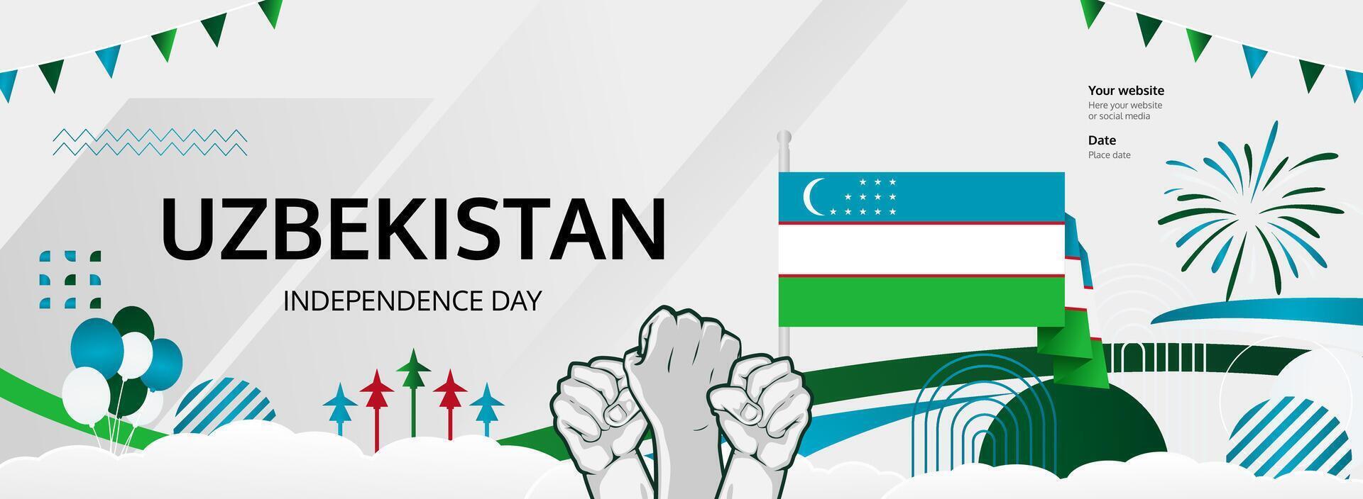 Celebrate the power of independence on September 1st with banners that unite flags and clenched fists, perfect for your Uzbekistan National Day poster. vector