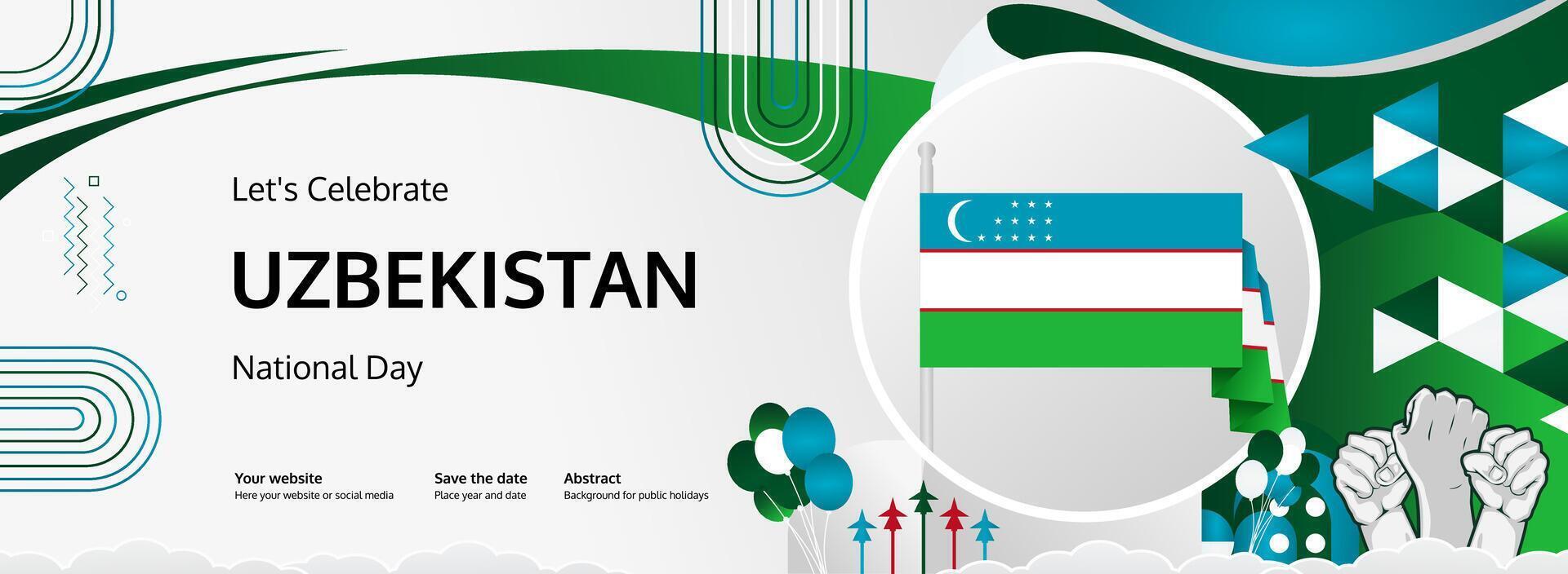 Live The National Day Of Uzbekistan. Design a creative September 1 banner with a flag and a raised fist bold and strong, like the spirit of freedom. vector